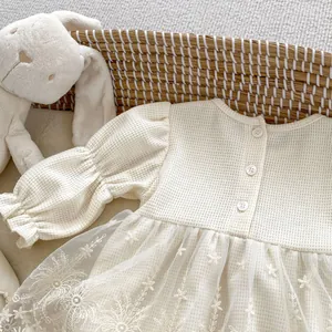 Detail of baby princess romper dress with waffle knit texture and floral mesh embroidery