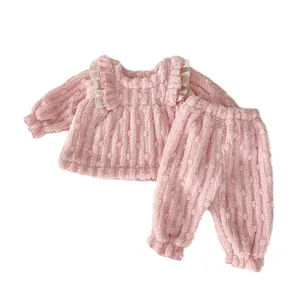 Pink fleece baby home wear set with lace ruffles and elastic cuffs for winter warmth