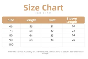 Size chart for baby long sleeve rompers showing length, chest, and sleeve measurements