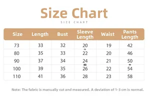 Detailed size chart for baby long sleeve bodysuit with measurements in centimeters