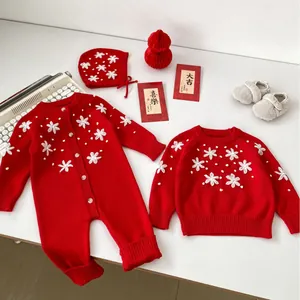 Red Knitted Cotton Baby Romper Set Hand Crochet Floral Embroidery Long Sleeve Infant Jumpsuit Sweater Hat Newborn Clothes