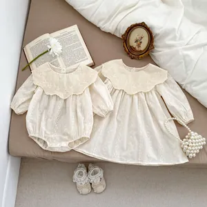 Baby Girl Retro Floral Embroidery Romper Long Sleeve Lace Large Lapel Bodysuit And Dress Cotton Pastoral Style Infant Clothes