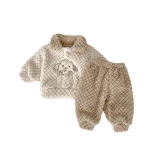 Winter fleece two-piece set for toddlers with cartoon embroidery and warm texture
