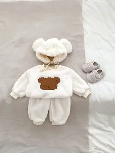 Cozy polar fleece baby winter set with cute bear pattern, long sleeve top and pants