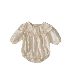 Infant cream long sleeve romper with lace floral embroidery and large collar