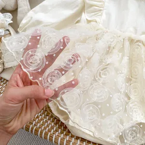 Baby girl white floral lace romper with 3D rose embroidery and soft tulle overlay