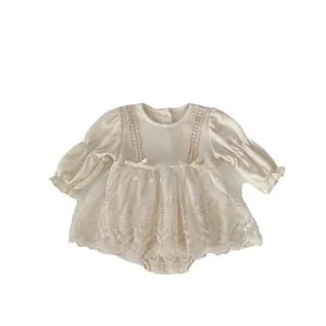 Infant girl long sleeve waffle knit romper with bow details and layered lace tutu skirt