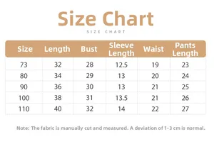 Detailed size chart for baby animal print summer rompers and shirt sets from 73 to 110