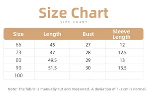 Detailed size chart for baby animal print romper including length and chest measurements