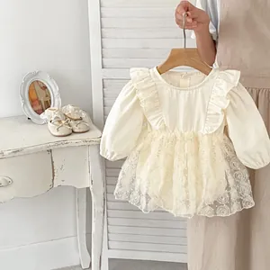 Cream long sleeve baby romper dress with lace flowers and ruffles for newborn girls