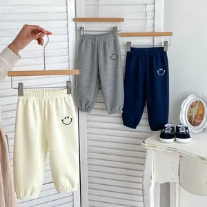 Toddler Boys Girls Casual Waffle Knit Pants Elastic Waist Ribbed Cuffs Sweatpants With Smile Bear Embroidery Kids Soft Trousers