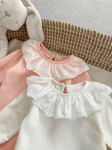 Infant long sleeve cotton bodysuits with lace collar in pink and off-white colors