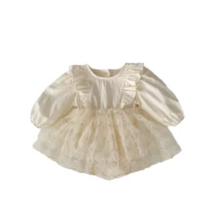 Sweet cream tulle baby romper dress with 3D floral embroidery and ruffled shoulders