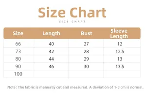 Detailed size chart for floral baby romper with length, chest, and sleeve measurements