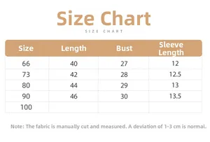 Size chart for baby embroidered bodysuit showing length, chest, and sleeve measurements