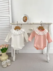 Baby cotton long sleeve rompers with lace collar in white and pink color set