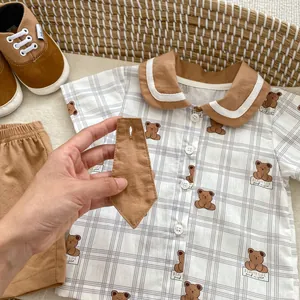 Baby boy summer 3-piece set with brown bear print plaid shirt and matching shorts