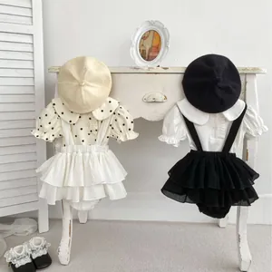 Baby Girls Summer Clothing Set Cotton Polka Dot T-Shirt And Ruffled Suspender Skirt Pants Peter Pan Collar Vintage Toddler Outfit