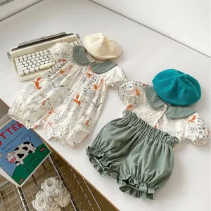 Infant Summer Cotton Romper Animal Print Peter Pan Collar Short Sleeve Bodysuit Or Shirt And Shorts Outfit For Boys Girls
