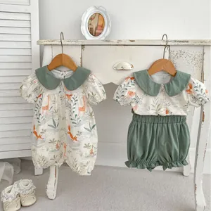 Infant summer cotton clothing set with forest animal print and green Peter Pan collar