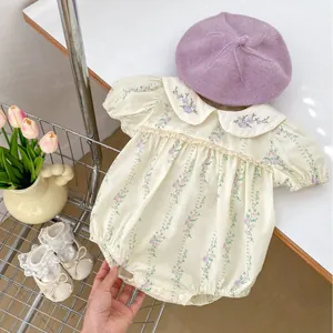 Grenouillère Été en Coton Fleuri pour Bébé Fille Col Claudine Broderie Manches Bouffantes Bordure en Dentelle