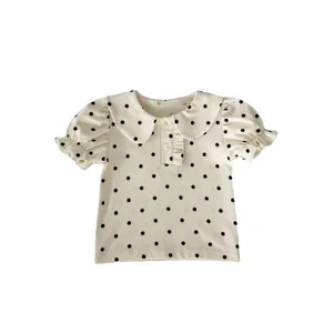 Baby girl white polka dot t-shirt with Peter Pan collar and ruffle detail for summer