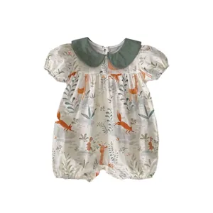 Infant cotton romper with animal prints, Peter Pan collar, and elastic puff sleeves