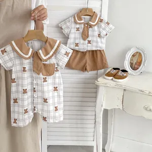 Baby Boy Summer Cotton Romper Outfit Bear Print Sailor Collar Plaid Bodysuit Short Sleeve Infant Jumpsuit Shirt Shorts Set