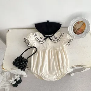 Baby Girls Floral Embroidery Romper Peter Pan Collar Short Sleeve Cotton Bodysuit French Vintage Style Summer Infant Jumpsuit With Bow