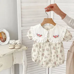 Infant Baby Girl Floral Embroidery Romper Peter Pan Collar Cotton Short Sleeve Jumpsuit Summer Pastoral Clothes