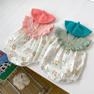 Barboteuse d'Été en Coton pour Bébé Fille Broderie Tulipe Volants Sans Manches Body Floral Tenue Pour Nourrisson Avec Bouton Pression