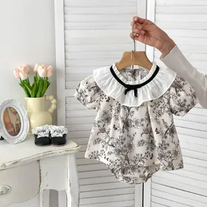 Baby Girl Vintage Ink Floral Cotton Short Sleeve Top Ruffle Collar Bloomer Pants Summer Daily Casual Breathable Clothing