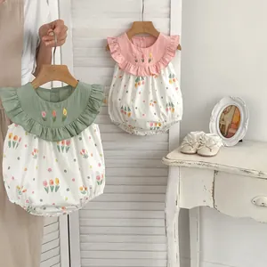 Body bébé à broderie florale, col à volants et motifs tulipes en coton doux naturel