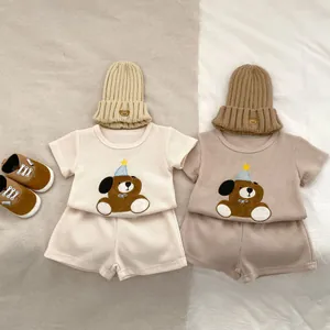 Completo Estivo da Neonato in Cotone a Nido d'Ape Maglietta a Maniche Corte e Pantaloncini Ricamo Orso Coreano Abbigliamento Casual