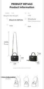 Detail showing dimensions of black quilted leather crossbody bag with 110cm strap