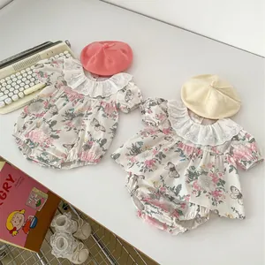 Baby Girls Summer Floral Romper And Top And Pants Outfit With Lace Collar Short Sleeve Cotton Sweet Butterfly Print