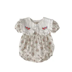 Baby floral summer romper with embroidered oversized collar and petal lace trim