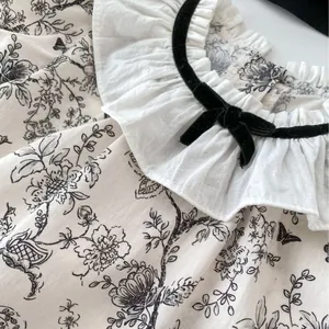 Toddler girl Chinese style floral 2-piece set with ruffle collar and bow detail