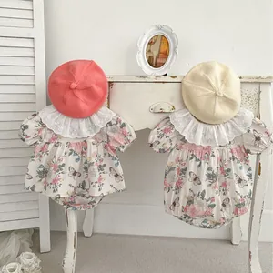 Baby girl floral romper set with lace collar and knit beret in French vintage style