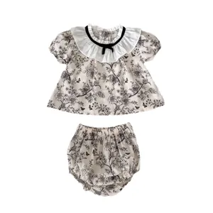 Toddler ink floral cotton set with ruffle collar short sleeve top and bloomers