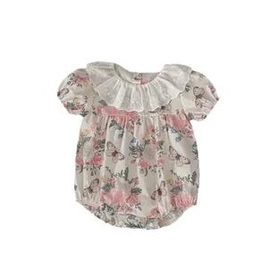 Baby girl floral romper with lace collar, pink flowers and butterfly print in beige cotton