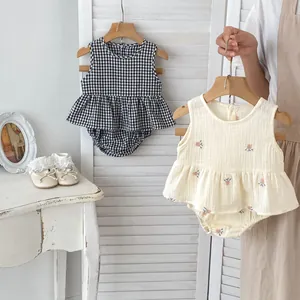 Women Baby Summer Cotton Muslin Outfit Sleeveless Ruffle Top Floral Embroidery Gingham Bloomers Infant Toddler Clothes