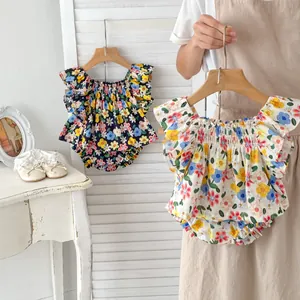 Toddler Baby Girls Summer Floral 100% Cotton Sleeveless Ruffle Top And Bloomers Shorts Casual Korean Style Outfit