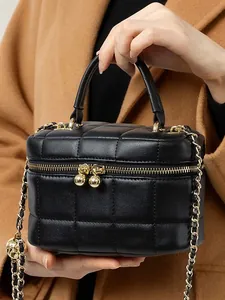 Women Genuine Leather Quilted Box Handbag With Golden Ball Chain Strap Luxury Lingge Small Crossbody Shoulder Bag