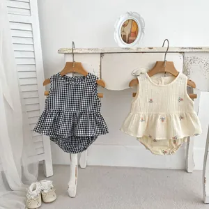 Detailed embroidery and plaid patterns on breathable cotton baby summer set