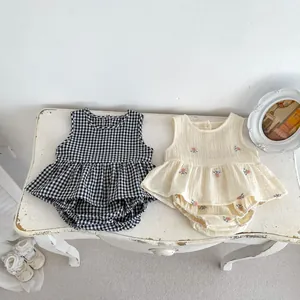 Baby girl summer sleeveless set featuring plaid gingham and floral embroidery cotton outfit
