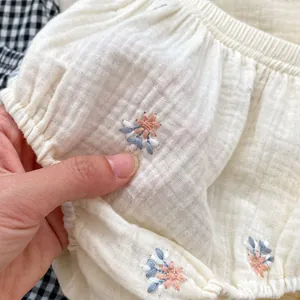 Baby girl summer floral embroidered cream muslin bloomers and sleeveless top set