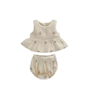 Baby girl summer set with floral embroidery sleeveless ruffled top and bloomers