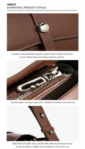 Detailansicht der braunen Ledertasche mit Magnetschließe, Reißverschluss und Trageriemen