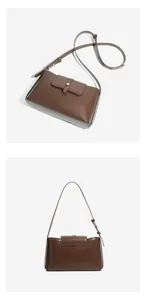 Detaillierte Draufsicht und Seitenansicht der braunen Ledertasche mit Metallschnalle und Gurt